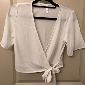 White cropped tie blouse